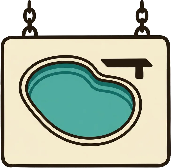 Illustrated hung sign board showing a pool and diving board silhouette, hand-painted sign-shop style