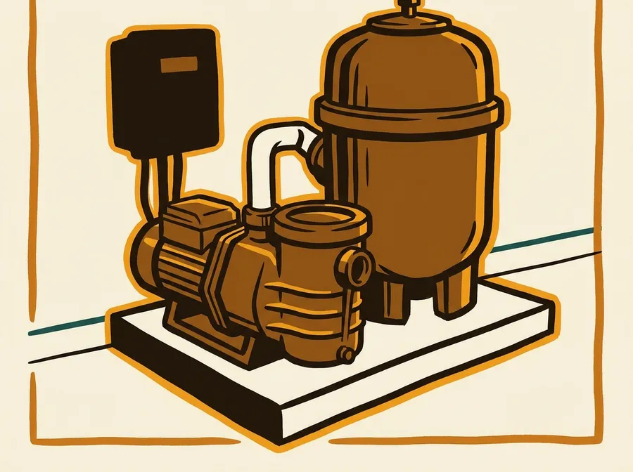 Illustration of a pool equipment pad: a pump housing, a filter canister and a control panel silhouette