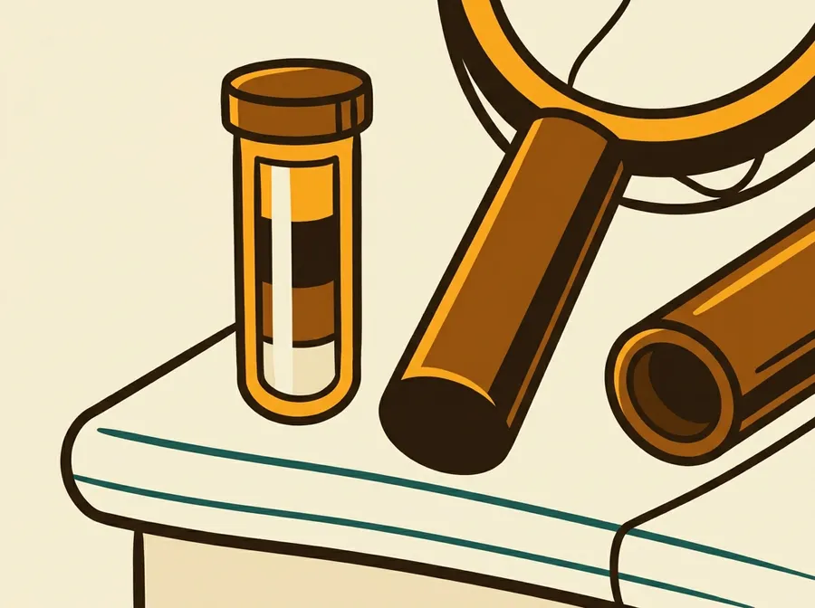 Illustration of pool service tools: a water-test vial, a skimmer net and a pool pole